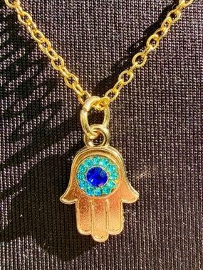Handmade Gold Hamsa Hand Necklace with Sparkly Blue Turquoise Crystal Accents